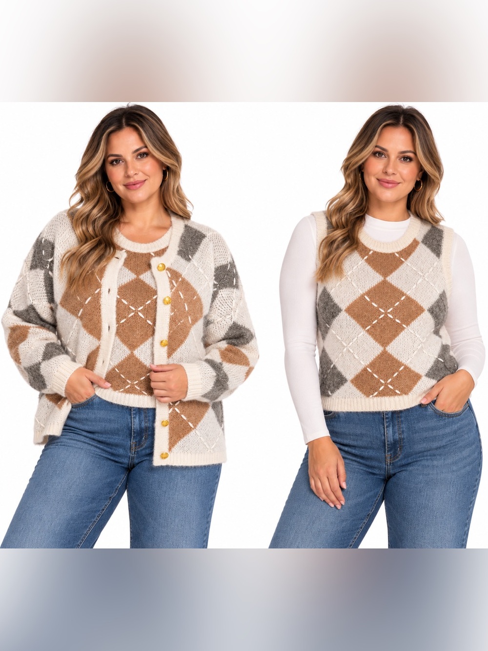 English Factory Brown & Grey Argyle Cardigan and sweater tank vest 1X